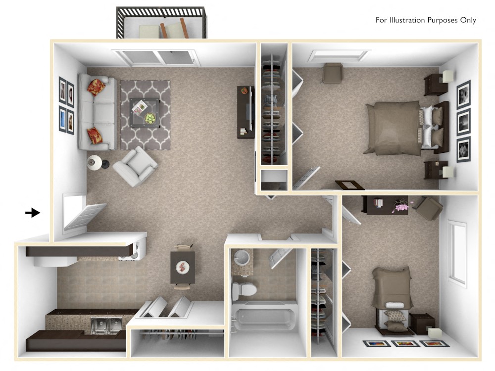 Floor plan for 2 beds, 1 bath, 680 sqft